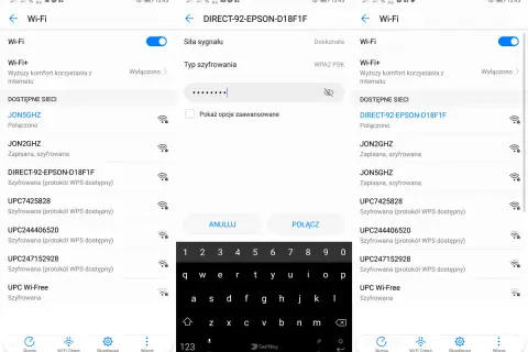 Trzy ekrany telefonu z ustawieniami Wi-Fi, listą sieci i klawiaturą.