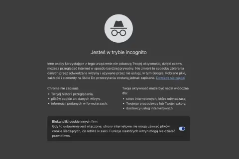 Ikona okularów i kapelusza symbolizuje tryb incognito na telefonie. Przeglądaj prywatnie, ale pamiętaj, że aktywność może być widoczna dla pracodawcy.