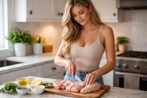 En kvinna förbereder genomstekt kyckling i ett modernt kök. Ingredienser som citron och örter ligger redo.