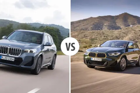 Porównanie BMW X2: szary SUV na tle gór i zielony na krętej drodze. Sprawdź BMW X2 wymiary i wybierz swój idealny model.