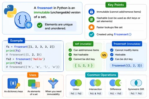Un frozenset Python est une version immuable d'un set, utile comme clé de dictionnaire ou élément de set.