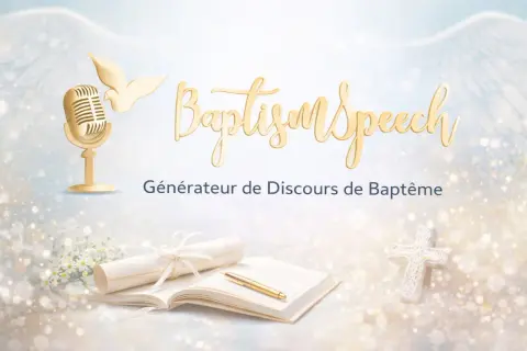 Générateur de discours pour baptême civil : un micro doré, un livre ouvert, une croix et des ailes d'ange pour un texte humour baptême civil réussi.