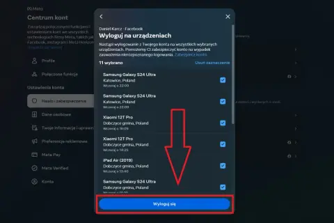 Jak wylogować się z Facebooka? Ekran pokazuje listę urządzeń, z których można się wylogować, aby zabezpieczyć konto.