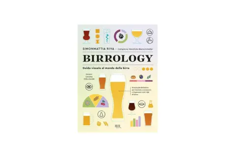 Copertina del libro "Birrologia", una guida visiva alla birra, con illustrazioni di bicchieri di birra bionda e altri tipi.