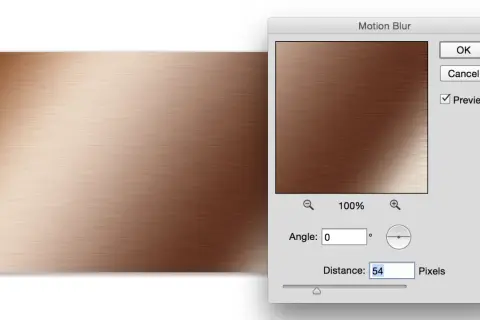 Finestra di dialogo "Motion Blur" in Photoshop, applica un effetto metallo con sfumature di bronzo e un leggero movimento.