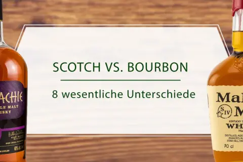 Zwei Flaschen Whisky: GlenAllachie Scotch und Maker's Mark Bourbon. Der Text erklärt die 8 wesentlichen Unterschiede zwischen Scotch und Bourbon.