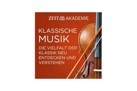 Ein Violoncello und Bogen vor einem roten Hintergrund mit dem Text "Klassische Musik".