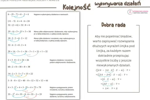 Matematyczne przykłady kolejności wykonywania działań z nawiasami i podpowiedzi.
