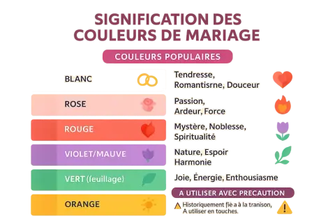 Signification des couleurs de mariage : blanc (tendresse), rose (passion), rouge (mystère), violet (nature), vert (joie), orange (prudence).