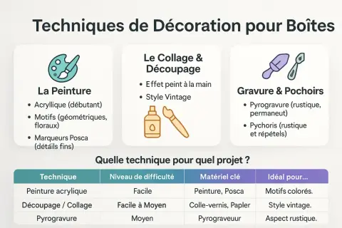 Tableau comparatif des techniques de décoration pour boîtes en bois : peinture, collage, gravure. Une idée décoration boite en bois pour chaque style.