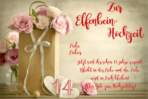 Elfenbein-Hochzeit nach 14 Jahren! Ein Strauß rosa Rosen und Herzen schmücken die Karte. Möge die Liebe ewig währen.