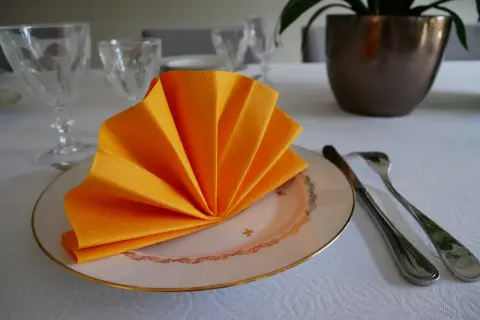Pliage de serviette en papier 2 couleurs eventail sur une assiette, prêt pour un repas festif.