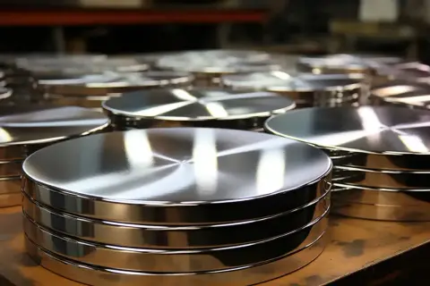 Stos polerowanego aluminium, błyszczące krążki gotowe do dalszej obróbki.