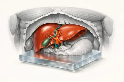 Anatomical illustration of the human liver, gallbladder, and pancreas, viewed from above, resting on a metallic surface. The liver is a vibrant red, with green gallbladder and blue/orange ducts.