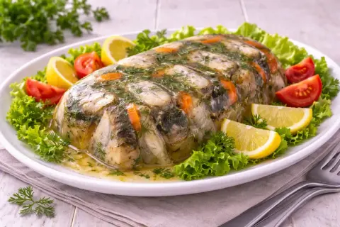 Ein festlicher Aal in Aspik, garniert mit Zitrone, Tomaten und frischer Petersilie auf einem Bett aus Salat.