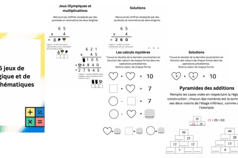 Concentration jeux de logique à imprimer : énigmes mathématiques sur les Jeux Olympiques et calculs mystères.