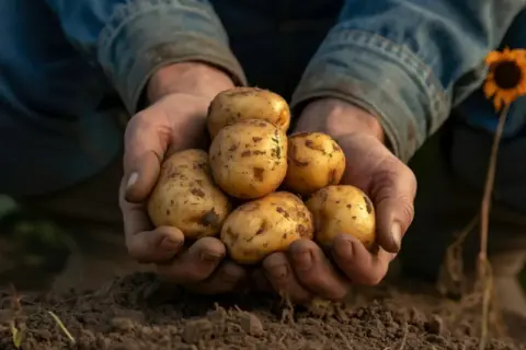 Dłonie rolnika trzymają świeżo wykopane ziemniaki. Zastanawiasz się, jaki nawóz pod ziemniaki będzie najlepszy dla takich plonów?