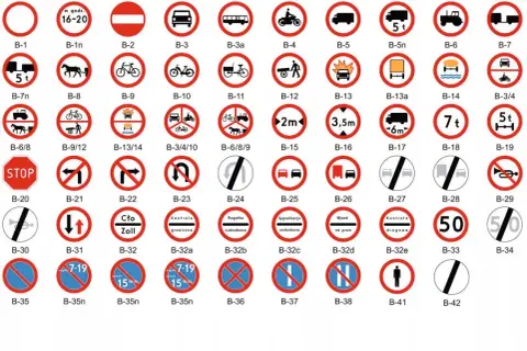 Zbiór znaków drogowych, w tym zakazy, nakazy, ostrzeżenia i informacyjne. Każdy znak drogowy ma swój numer.