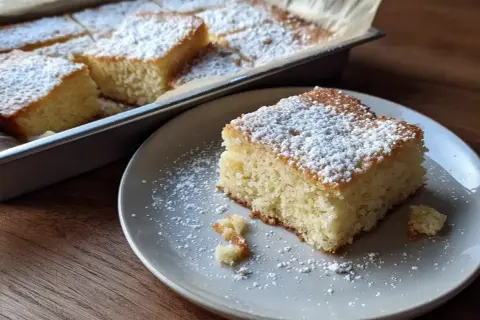 En bit av farmors sockerkaka i långpanna, pudrad med florsocker. Doften av hembakat sprider sig.