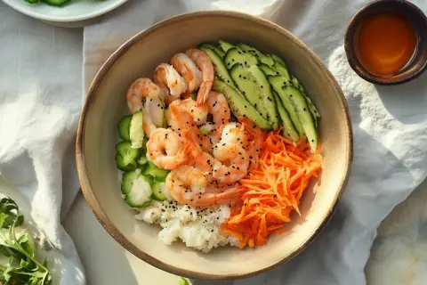 Kolorowy poke bowl z krewetkami, ryżem, ogórkiem i startą marchewką, posypany czarnym sezamem. Idealny na lekki posiłek.