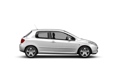 Vit Peugeot 307 CC, en sportig coupé-cabriolet. Kanske ett problem med takmekanismen?