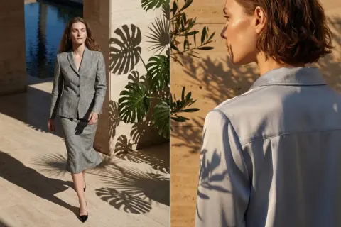 Eleganza sobria per una comunione: tailleur grigio chic e camicia azzurra.