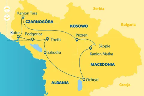 Mapa z trasą podróży po Bałkanach: Czarnogóra, Kosowo, Macedonia. Idealne miejsce, gdzie na majówkę wybrać się po przygodę!