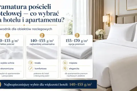Przewodnik po gramaturze pościeli hotelowej: lekka (120-135 g/m²), uniwersalna (140-155 g/m²) i premium (155-170 g/m²).