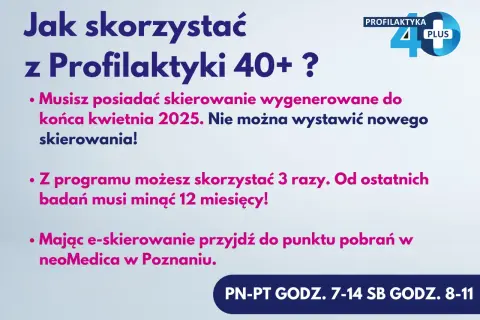 Grafika z tekstem "Jak skorzystać z Profilaktyki 40+?" i logo programu.