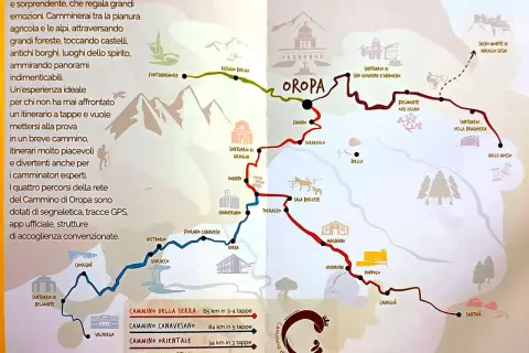 Mappa illustrata del Cammino di Oropa, con percorsi, santuari e borghi. Un viaggio tra natura e spiritualità.