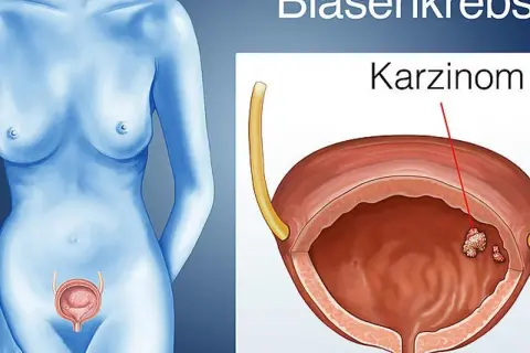 Illustration zeigt eine weibliche Figur und eine Blase mit einem Karzinom. Mögliche blasenkrebs symptome werden hier visuell dargestellt.