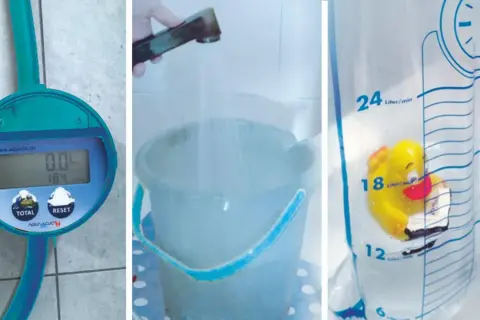 Mesure du débit d'eau maison avec un compteur digital, un seau sous un robinet, et un sac gradué avec un canard.