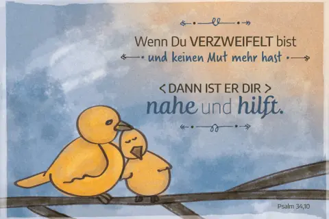 Zwei gelbe Küken auf einem Ast. Ein Spruch über Hoffnung und Trost, der an Bibelverse Heilung erinnert.