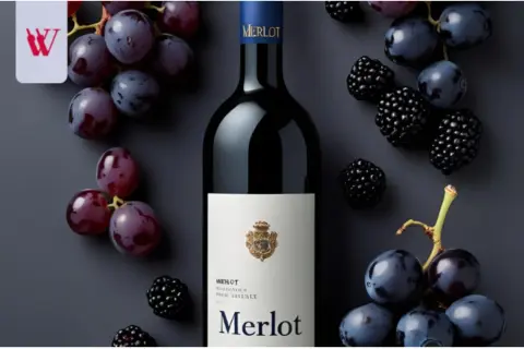 Butelka wina Merlot, otoczona ciemnymi winogronami i jeżynami. To wino, które zachwyca owocowym aromatem.