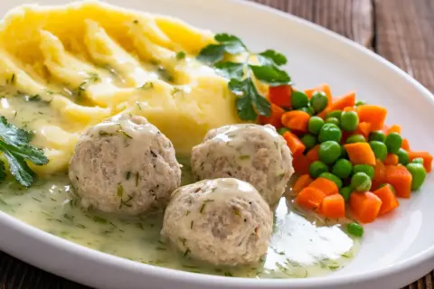 Pyszne klopsiki z mięsa z rosołu w sosie koperkowym, podane z puree ziemniaczanym i warzywami.