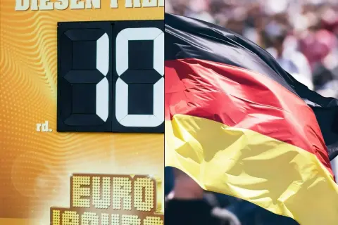 Cyfrowy zegar pokazuje "10", a obok powiewa niemiecka flaga. Dowiedz się, co ile jest losowanie Eurojackpot i jakie są szanse na wygraną!