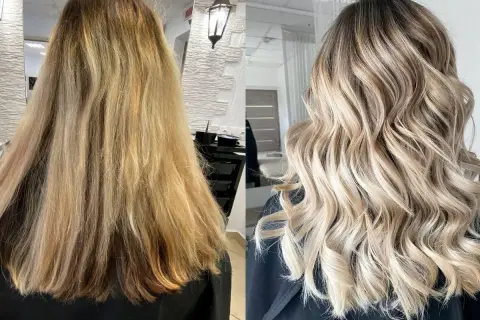 Przed i po: matowe, zniszczone włosy zamienione w lśniący, wielowymiarowy balejaż blond z subtelnymi refleksami.