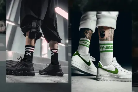 Dwa ujęcia nóg w modnych skarpetkach i sneakersach: czarne z białym wzorem i białe z zielonymi paskami.