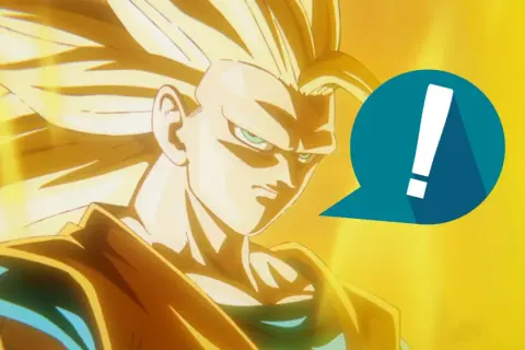 Goku als Super Saiyajin, mit seinem ikonischen goldenen Haar und einem Ausrufezeichen in einer Sprechblase.