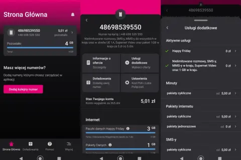 Stan konta T-Mobile: 5,01 zł, 4 GB internetu. Pakiet Happy Friday aktywny.