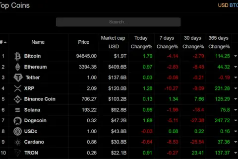 Tabela "Top Coins" pokazuje, ile można zarobić na kryptowalutach, prezentując ceny, kapitalizację i zmiany procentowe dla Bitcoina, Ethereum i innych.