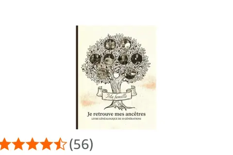 Livre "Je retrouve mes ancêtres", illustré d'un arbre généalogique avec des portraits de mes ancêtres.