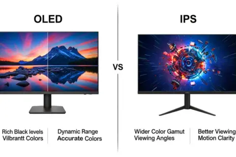 Comparativa de tipos de pantalla: OLED con colores vibrantes y negros profundos, frente a IPS con amplio espectro de color y mejor visión.