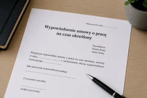 Dokument "Wypowiedzenie umowy o pracę na czas określony" leży na biurku obok długopisu i notatnika.