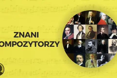 Kolaż portretów znanych kompozytorów, w tym Chopina, Mozarta i Bacha, na tle nut.
