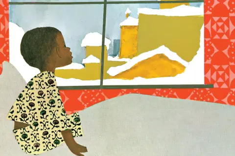 A child in a patterned outfit gazes out a window at snowy day illustrations of yellow buildings covered in white.