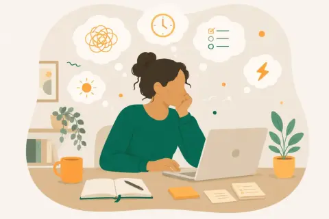 En person vid en laptop, omgiven av tankebubblor med symboler som representerar stress och kognitiva svårigheter.