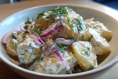 Krämig potatissallad med dill och rödlök, perfekt som tillbehör till grillat.