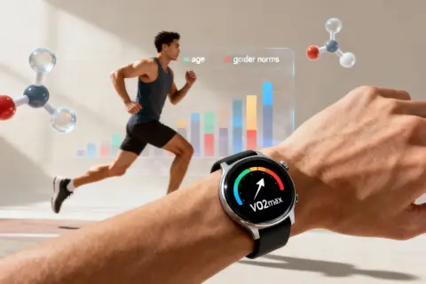 Ein Läufer im Hintergrund, eine Smartwatch am Handgelenk zeigt VO2max an. Die Uhr hilft zu verstehen, wie schnell man geht und wie die Leistung im Vergleich zu Alters- und Geschlechternormen ist.