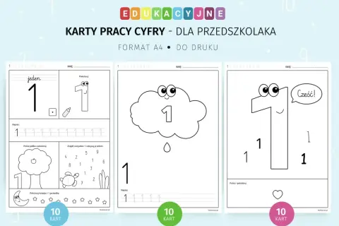 Karty pracy do druku z cyfrą 1 dla przedszkolaków. Ćwiczenia rozwijające motorykę małą: pisanie, kolorowanie, liczenie.